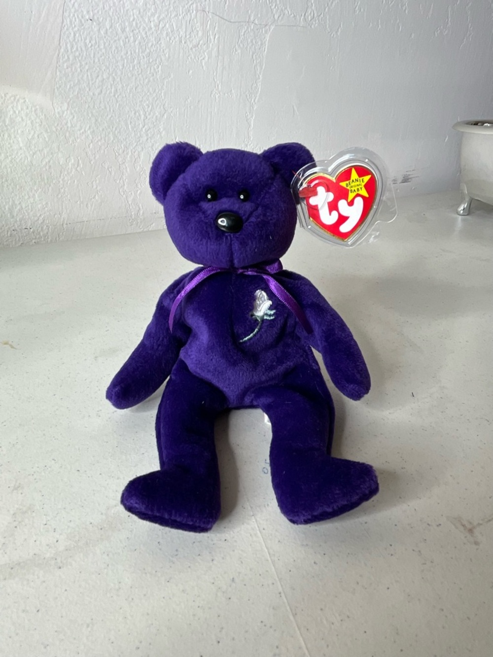 Ty “Princess”Purple beanie baby with Embroidered White Rose